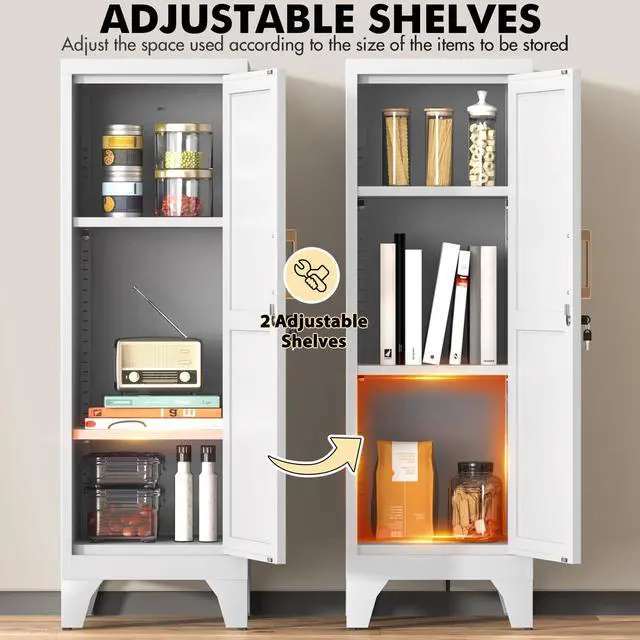 Alt view image 4 of 7 - 46" H Metal Locker Cabinet, Small Locker with Door and 2 Adjustable Shelf | Locker Cabinet with Adjustable Leveling Feet for Home, Bedroom, Office,Gym Assembly Required