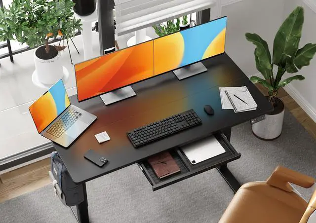 Alt view image 2 of 7 - Electric Standing Desk 55x24 Inch with Drawer Black | Sturdy Steel Frame, 176 Lbs Capacity, 28.35-46.46 Inch Height Adjustable, 3 Preset Buttons, 45 dB Quiet Motor, 2 Hooks