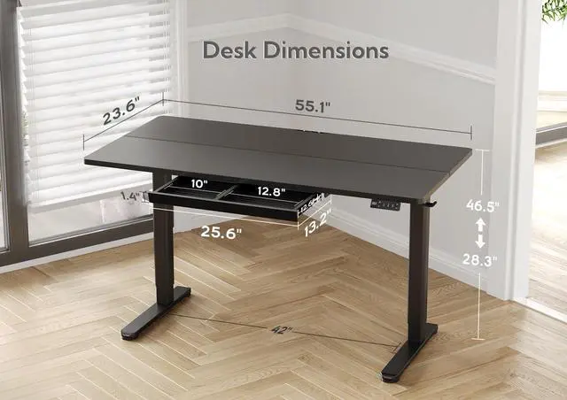 Alt view image 3 of 7 - Electric Standing Desk 55x24 Inch with Drawer Black | Sturdy Steel Frame, 176 Lbs Capacity, 28.35-46.46 Inch Height Adjustable, 3 Preset Buttons, 45 dB Quiet Motor, 2 Hooks