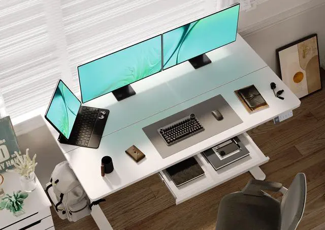 Alt view image 2 of 7 - Electric Standing Desk with Drawers, 55x24 Inch White | Metal steel frame supports 176 lbs, 28.35 to 46.46 inch height range, 3 memory settings, 45 dB motor