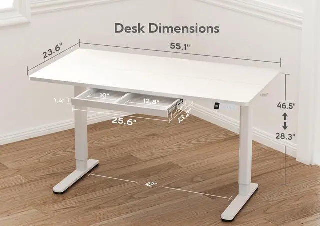 Alt view image 3 of 7 - Electric Standing Desk with Drawers, 55x24 Inch White | Metal steel frame supports 176 lbs, 28.35 to 46.46 inch height range, 3 memory settings, 45 dB motor