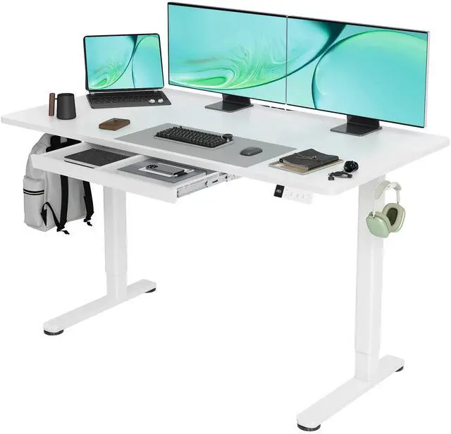 Main image of Electric Standing Desk with Drawers, 55x24 Inch White | Metal steel frame supports 176 lbs, 28.35 to 46.46 inch height range, 3 memory settings, 45 dB motor