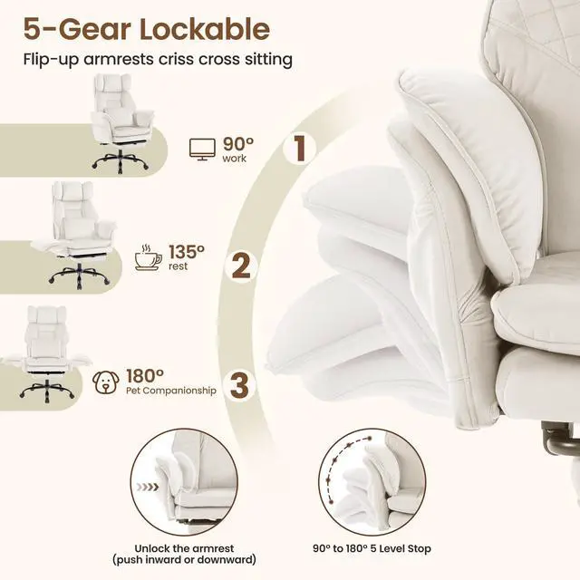 Alt view image 5 of 7 - Criss Cross Office Chair, Big and Tall Desk Chair Comty with Foot Rest | Cross Legged Office Chair with Flip-Up Armrests, Computer Chair with Pocket Spring Seat and Lumbar Pillow, Velvet, Beige