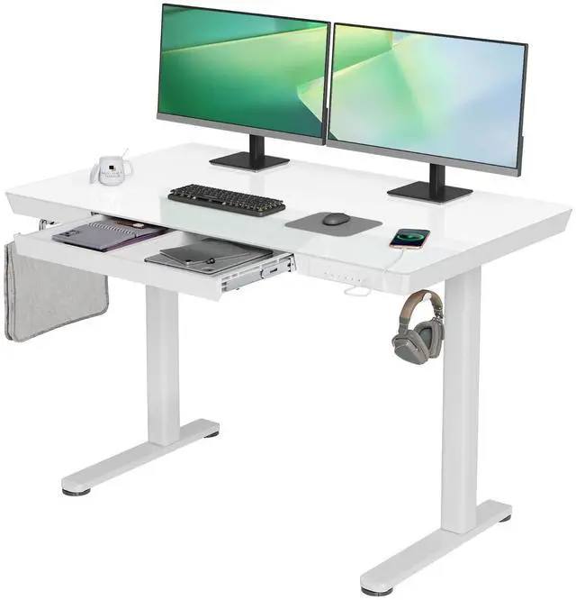 Main image of Glass Standing Desk with Drawers, 48x24 Inch, White | Quick Install, Whole-Piece Glass Top, USB ports and a Type-C port, Buil in Drawers, Writable Glass Top, 2 Hooks