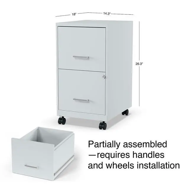 Alt view image 2 of 7 - 2-Drawer Vertical File Cabinet, Letter Size, Lockable, Gray | Mobile rolling cabinet, 18in D x 14in W x 26.3in H, for secure storage