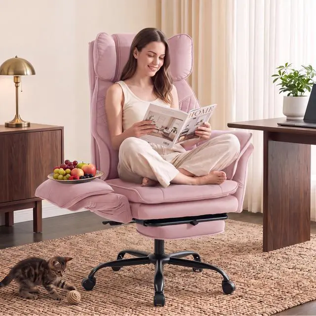 Main image of Criss Cross Office Chair, Big and Tall Desk Chair Comty with Foot Rest | Cross Legged Office Chair with Flip-Up Armrests, Computer Chair with Pocket Spring Seat and Lumbar Pillow, Velvet, Pink