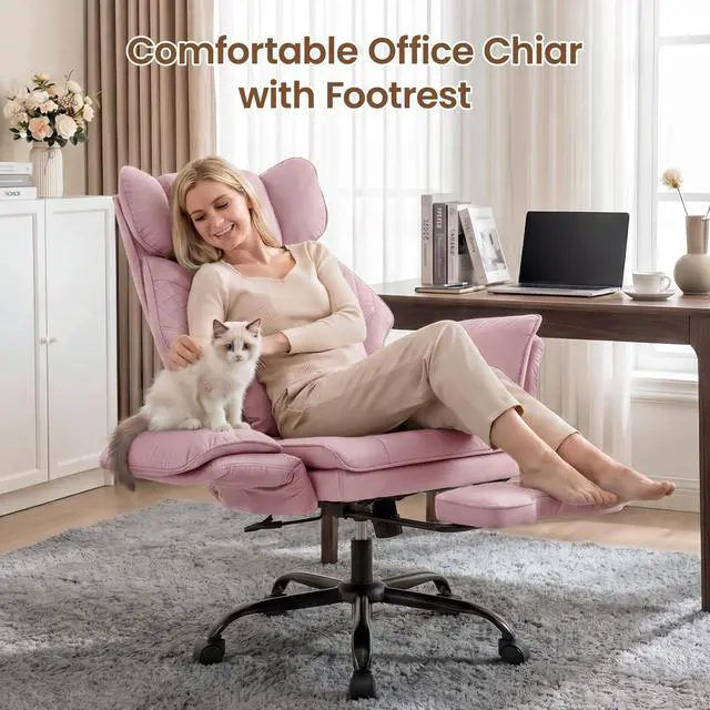 Alt view image 3 of 7 - Criss Cross Office Chair, Big and Tall Desk Chair Comty with Foot Rest | Cross Legged Office Chair with Flip-Up Armrests, Computer Chair with Pocket Spring Seat and Lumbar Pillow, Velvet, Pink