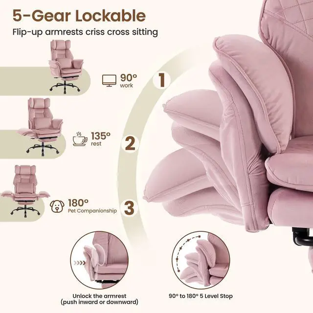 Alt view image 5 of 7 - Criss Cross Office Chair, Big and Tall Desk Chair Comty with Foot Rest | Cross Legged Office Chair with Flip-Up Armrests, Computer Chair with Pocket Spring Seat and Lumbar Pillow, Velvet, Pink