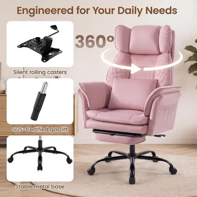 Alt view image 7 of 7 - Criss Cross Office Chair, Big and Tall Desk Chair Comty with Foot Rest | Cross Legged Office Chair with Flip-Up Armrests, Computer Chair with Pocket Spring Seat and Lumbar Pillow, Velvet, Pink