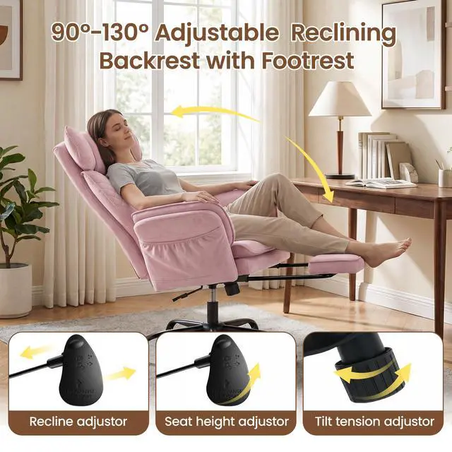 Alt view image 4 of 7 - Criss Cross Office Chair, Big and Tall Desk Chair Comty with Foot Rest | Cross Legged Office Chair with Flip-Up Armrests, Computer Chair with Pocket Spring Seat and Lumbar Pillow, Velvet, Pink