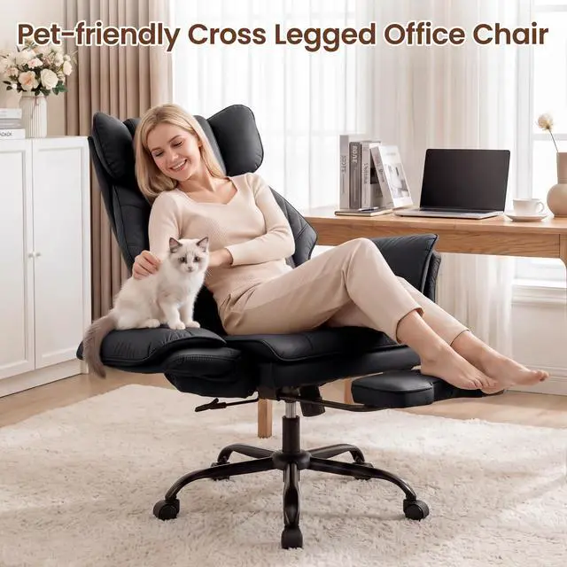 Alt view image 3 of 7 - Criss Cross Office Chair, Big and Tall Desk Chair Comty with Foot Rest | Cross Legged Office Chair with Flip-Up Armrests, Computer Chair with Pocket Spring Seat and Lumbar Pillow, PU Leather, Black