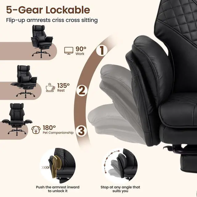 Alt view image 5 of 7 - Criss Cross Office Chair, Big and Tall Desk Chair Comty with Foot Rest | Cross Legged Office Chair with Flip-Up Armrests, Computer Chair with Pocket Spring Seat and Lumbar Pillow, PU Leather, Black