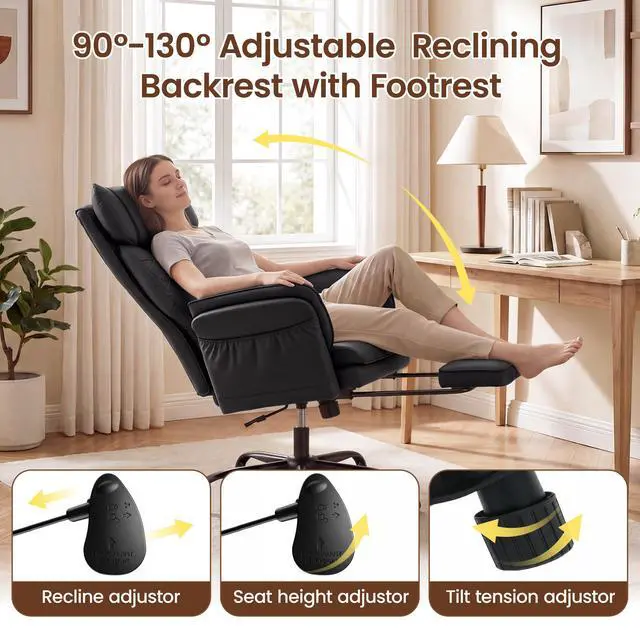 Alt view image 4 of 7 - Criss Cross Office Chair, Big and Tall Desk Chair Comty with Foot Rest | Cross Legged Office Chair with Flip-Up Armrests, Computer Chair with Pocket Spring Seat and Lumbar Pillow, PU Leather, Black