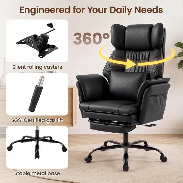 Alt view image 7 of 7 - Criss Cross Office Chair, Big and Tall Desk Chair Comty with Foot Rest | Cross Legged Office Chair with Flip-Up Armrests, Computer Chair with Pocket Spring Seat and Lumbar Pillow, PU Leather, Black
