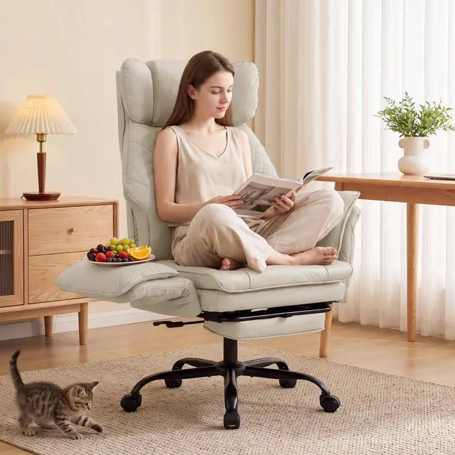 Main image of Criss Cross Office Chair, Big and Tall Desk Chair Comty with Foot Rest | Cross Legged Office Chair with Flip-Up Armrests, Computer Chair with Pocket Spring Seat and Lumbar Pillow, PU Leather, Cream