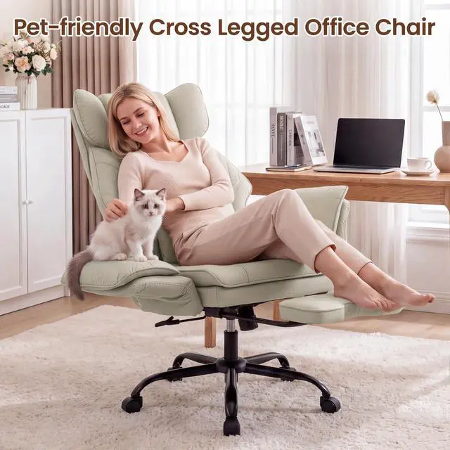 Alt view image 3 of 7 - Criss Cross Office Chair, Big and Tall Desk Chair Comty with Foot Rest | Cross Legged Office Chair with Flip-Up Armrests, Computer Chair with Pocket Spring Seat and Lumbar Pillow, PU Leather, Cream