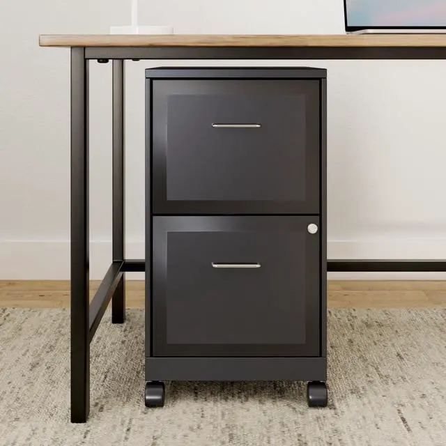 Alt view image 2 of 7 - 2-Drawer Vertical File Cabinet, Letter Size, Lockable, Black | Mobile rolling cabinet, 18in D x 14in W x 26.3in H, for secure storage