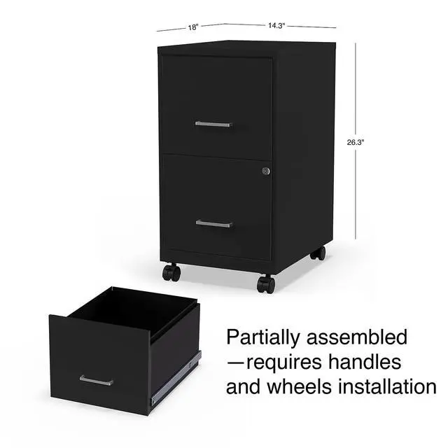 Alt view image 3 of 7 - 2-Drawer Vertical File Cabinet, Letter Size, Lockable, Black | Mobile rolling cabinet, 18in D x 14in W x 26.3in H, for secure storage