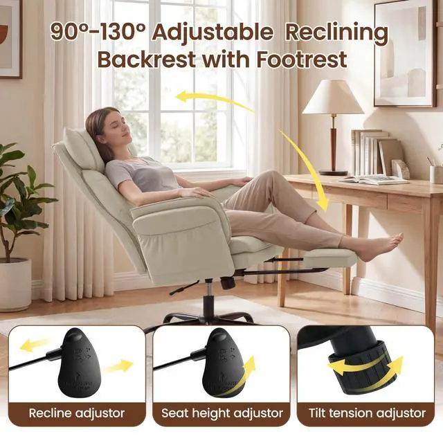 Alt view image 4 of 7 - Criss Cross Office Chair, Big and Tall Desk Chair Comty with Foot Rest | Cross Legged Office Chair with Flip-Up Armrests, Computer Chair with Pocket Spring Seat and Lumbar Pillow, PU Leather, Cream