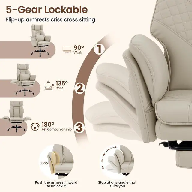 Alt view image 5 of 7 - Criss Cross Office Chair, Big and Tall Desk Chair Comty with Foot Rest | Cross Legged Office Chair with Flip-Up Armrests, Computer Chair with Pocket Spring Seat and Lumbar Pillow, PU Leather, Cream