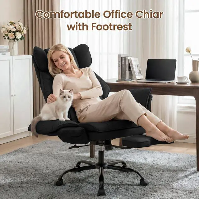 Alt view image 3 of 7 - Criss Cross Office Chair, Big and Tall Desk Chair Comty with Foot Rest | Cross Legged Office Chair with Flip-Up Armrests, Computer Chair with Pocket Spring Seat and Lumbar Pillow, Velvet, Black