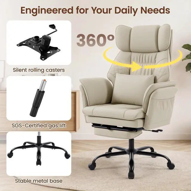 Alt view image 7 of 7 - Criss Cross Office Chair, Big and Tall Desk Chair Comty with Foot Rest | Cross Legged Office Chair with Flip-Up Armrests, Computer Chair with Pocket Spring Seat and Lumbar Pillow, PU Leather, Cream