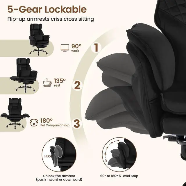Alt view image 5 of 7 - Criss Cross Office Chair, Big and Tall Desk Chair Comty with Foot Rest | Cross Legged Office Chair with Flip-Up Armrests, Computer Chair with Pocket Spring Seat and Lumbar Pillow, Velvet, Black