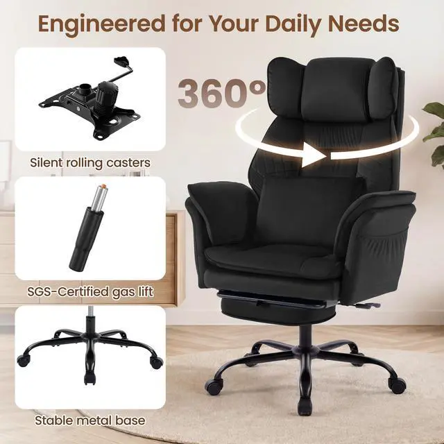 Alt view image 7 of 7 - Criss Cross Office Chair, Big and Tall Desk Chair Comty with Foot Rest | Cross Legged Office Chair with Flip-Up Armrests, Computer Chair with Pocket Spring Seat and Lumbar Pillow, Velvet, Black