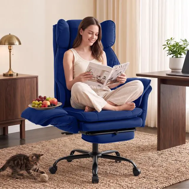 Main image of Criss Cross Chair with Flip Armrests,Big and Tall Desk Chair with Footrest | Executive Office Chair with Pocket Spring Seat, Wide Seat Ergonomic Computer Gaming Chair with Lumbar Pillow, Velvet, Blue