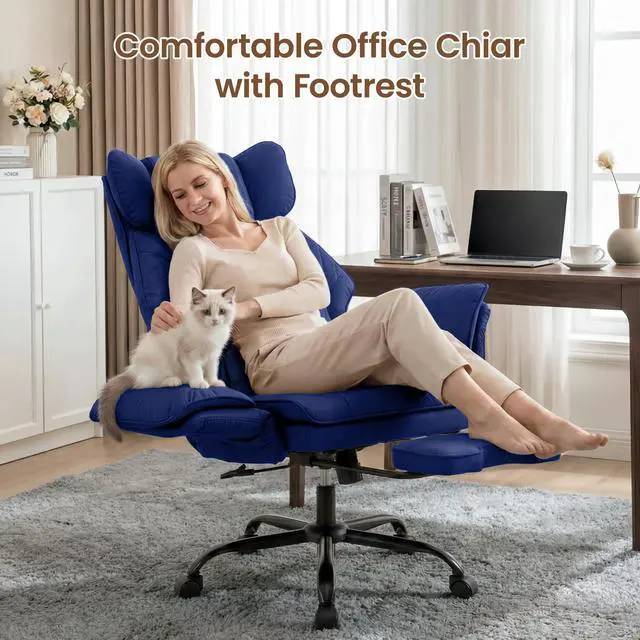 Alt view image 3 of 7 - Criss Cross Chair with Flip Armrests,Big and Tall Desk Chair with Footrest | Executive Office Chair with Pocket Spring Seat, Wide Seat Ergonomic Computer Gaming Chair with Lumbar Pillow, Velvet, Blue