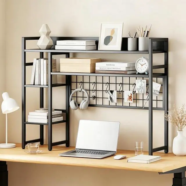 Main image of Desktop Bookshelf for Monitors up to 32", Black | Dorm Desk Hutch with 4 Open Storage Shelves, Grid Panel with 6 Hooks, 37" x 10" Countertop Organizer for Home Office Dorm