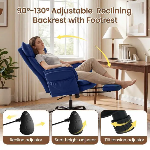 Alt view image 4 of 7 - Criss Cross Chair with Flip Armrests,Big and Tall Desk Chair with Footrest | Executive Office Chair with Pocket Spring Seat, Wide Seat Ergonomic Computer Gaming Chair with Lumbar Pillow, Velvet, Blue