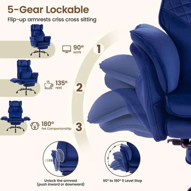 Alt view image 5 of 7 - Criss Cross Chair with Flip Armrests,Big and Tall Desk Chair with Footrest | Executive Office Chair with Pocket Spring Seat, Wide Seat Ergonomic Computer Gaming Chair with Lumbar Pillow, Velvet, Blue