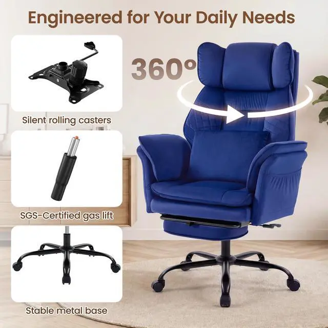 Alt view image 7 of 7 - Criss Cross Chair with Flip Armrests,Big and Tall Desk Chair with Footrest | Executive Office Chair with Pocket Spring Seat, Wide Seat Ergonomic Computer Gaming Chair with Lumbar Pillow, Velvet, Blue