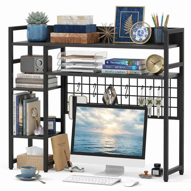 Alt view image 3 of 7 - Desktop Bookshelf for Monitors up to 32", Black | Dorm Desk Hutch with 4 Open Storage Shelves, Grid Panel with 6 Hooks, 37" x 10" Countertop Organizer for Home Office Dorm