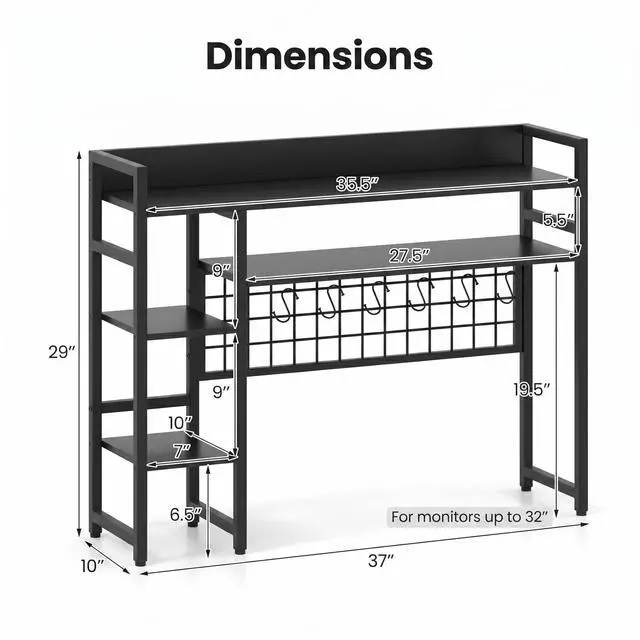 Alt view image 2 of 7 - Desktop Bookshelf for Monitors up to 32", Black | Dorm Desk Hutch with 4 Open Storage Shelves, Grid Panel with 6 Hooks, 37" x 10" Countertop Organizer for Home Office Dorm