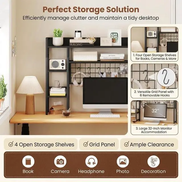 Alt view image 4 of 7 - Desktop Bookshelf for Monitors up to 32", Black | Dorm Desk Hutch with 4 Open Storage Shelves, Grid Panel with 6 Hooks, 37" x 10" Countertop Organizer for Home Office Dorm