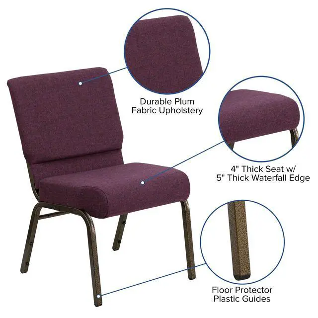 Alt view image 4 of 7 - Plum 21" W Stacking Church Chair, 4-Pack | Gold Vein Frame, Fabric Upholstery