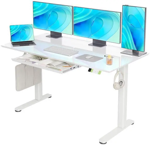 Main image of Glass Standing Desk with Drawers 55x24 Inch Super White | Tempered Glass Top, Ergonomic, 3 Memory Presets, Adjustable Height, Stand Up Desk