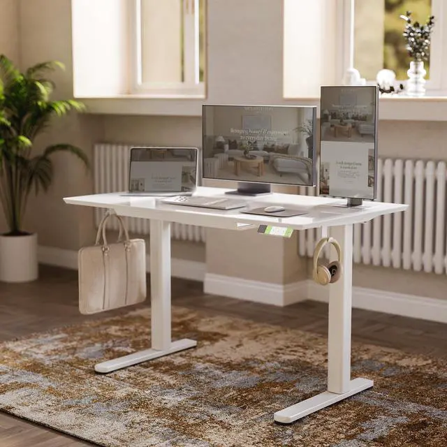 Alt view image 2 of 7 - Glass Standing Desk with Drawers 55x24 Inch Super White | Tempered Glass Top, Ergonomic, 3 Memory Presets, Adjustable Height, Stand Up Desk
