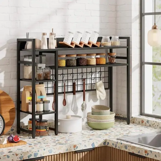 Alt view image 6 of 7 - Desktop Bookshelf for Monitors up to 32", Black | Dorm Desk Hutch with 4 Open Storage Shelves, Grid Panel with 6 Hooks, 37" x 10" Countertop Organizer for Home Office Dorm