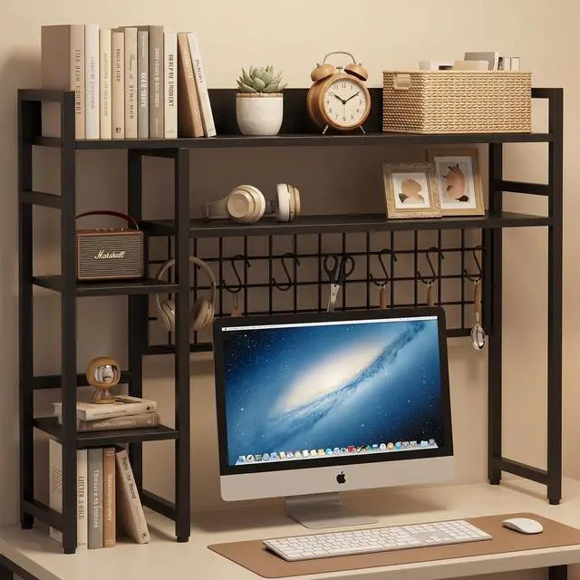 Alt view image 7 of 7 - Desktop Bookshelf for Monitors up to 32", Black | Dorm Desk Hutch with 4 Open Storage Shelves, Grid Panel with 6 Hooks, 37" x 10" Countertop Organizer for Home Office Dorm
