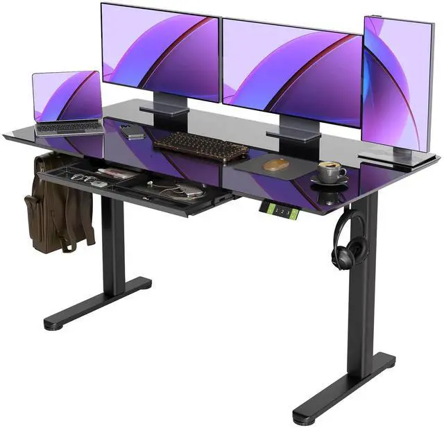Main image of Glass Standing Desk with Drawers 55x24 Inch Black | Tempered Glass Top, Ergonomic, 3 Memory Presets, Adjustable Height, Stand Up Desk