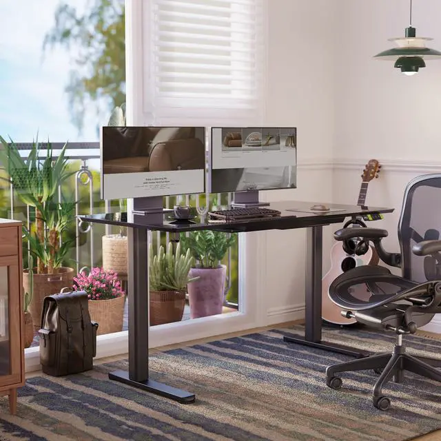 Alt view image 2 of 6 - Glass Standing Desk with Drawers 55x24 Inch Black | Tempered Glass Top, Ergonomic, 3 Memory Presets, Adjustable Height, Stand Up Desk