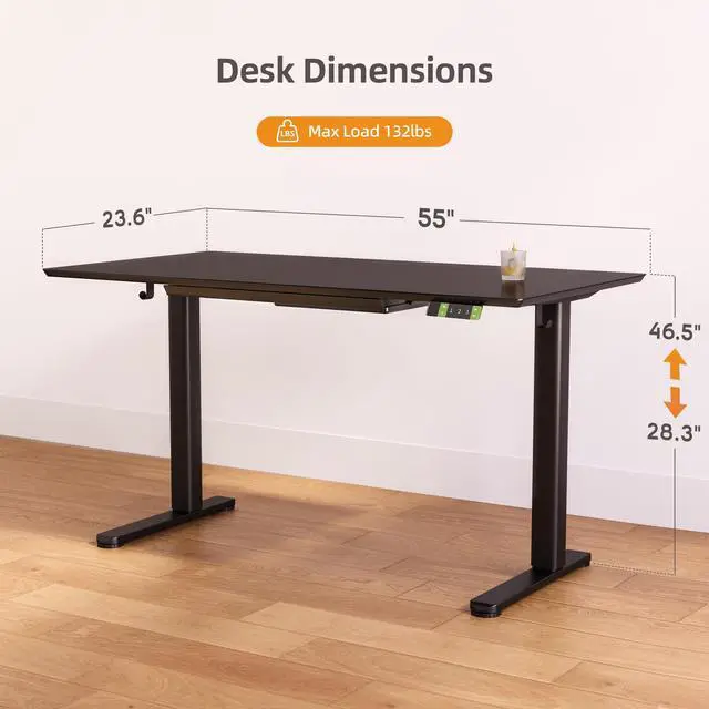 Alt view image 3 of 6 - Glass Standing Desk with Drawers 55x24 Inch Black | Tempered Glass Top, Ergonomic, 3 Memory Presets, Adjustable Height, Stand Up Desk