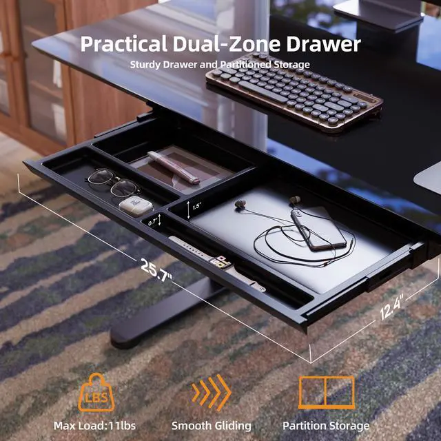 Alt view image 4 of 6 - Glass Standing Desk with Drawers 55x24 Inch Black | Tempered Glass Top, Ergonomic, 3 Memory Presets, Adjustable Height, Stand Up Desk