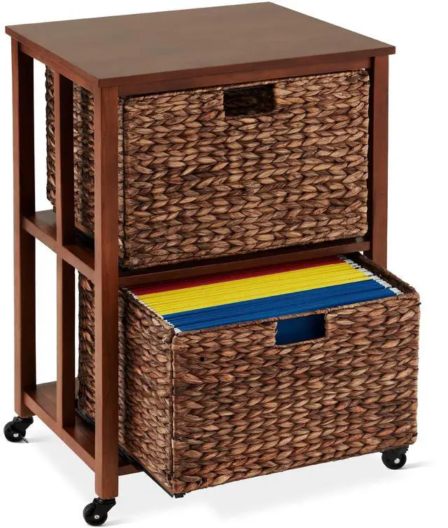 Main image of Vertical Rolling File Cabinet, Multipurpose Portable Water Hyacinth Basket Organizer for Home Office, Workspace w/Rubberwood Frame, Metal Sliders, Locking Caster Wheels - Mocha