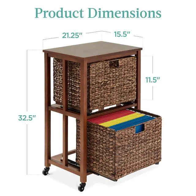 Alt view image 2 of 7 - Vertical Rolling File Cabinet, Multipurpose Portable Water Hyacinth Basket Organizer for Home Office, Workspace w/Rubberwood Frame, Metal Sliders, Locking Caster Wheels - Mocha