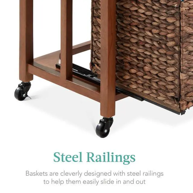 Alt view image 3 of 7 - Vertical Rolling File Cabinet, Multipurpose Portable Water Hyacinth Basket Organizer for Home Office, Workspace w/Rubberwood Frame, Metal Sliders, Locking Caster Wheels - Mocha