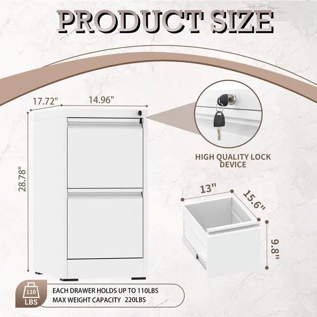 Alt view image 3 of 7 - File Cabinet, 2 Drawer File Cabinet with Lock, Steel Vertical Filing Cabinets for Home Office, Heavy Duty File Storage Cabinet for Legal/Letter/A4 Documents, Easy to Assemble, White
